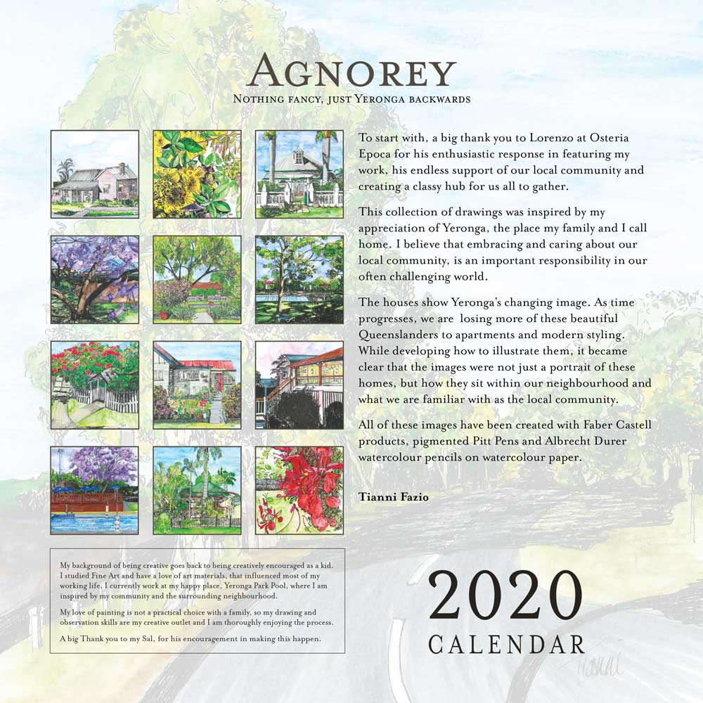 2020 calendar cover for 'Agnorey' featuring 12 small watercolor illustrations of houses and local scenes from Yeronga, Brisbane. The cover includes a description of the artist's inspiration and techniques used.
