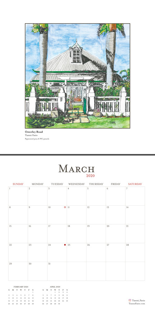 March 2020 calendar page from the 'Agnorey' series, featuring a watercolor illustration of a Queenslander-style house on Osterley Road. The house is white with a green roof, surrounded by palm trees and a white picket fence.