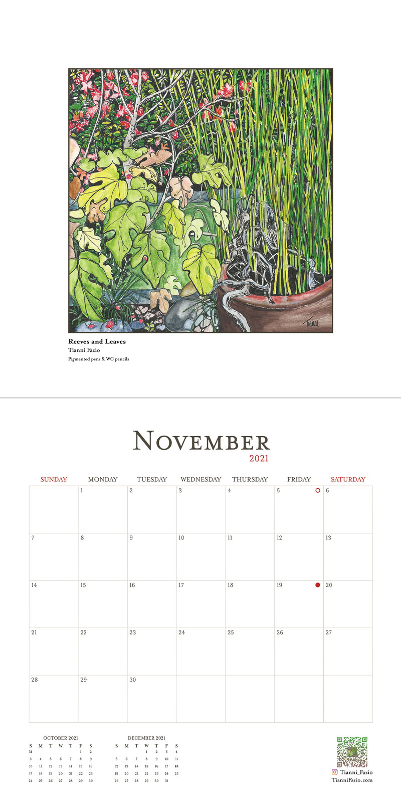 November 2021 calendar page featuring an intricate illustration called 'Reeves and Leaves' by Tianni Fazio. The artwork shows a diverse array of plants including large green leaves, flowering plants, and reeds in a garden setting, representing the rich plant life of Yeronga, Brisbane.