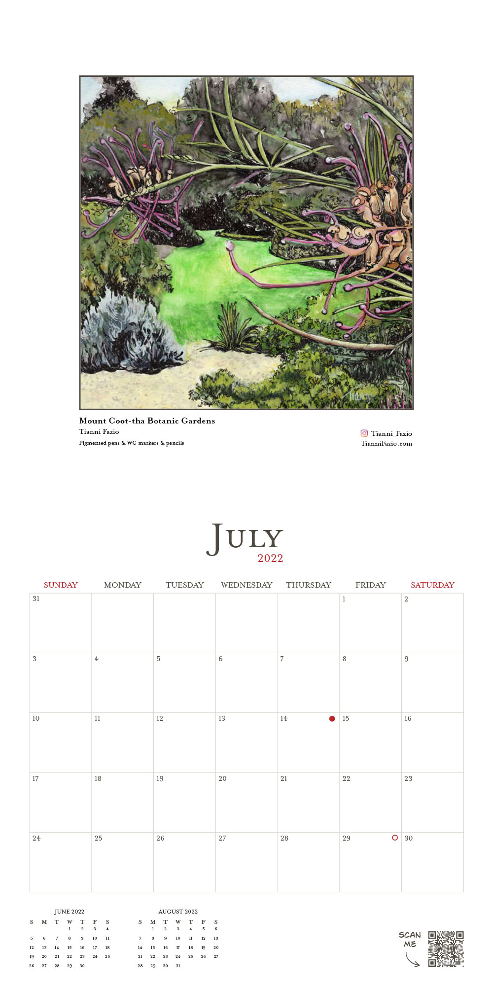 July 2022 calendar page featuring an illustration titled 'Mount Coot-tha Botanic Gardens' by Tianni Fazio. The artwork depicts a lush garden scene with various native plants and a bright green lawn area.