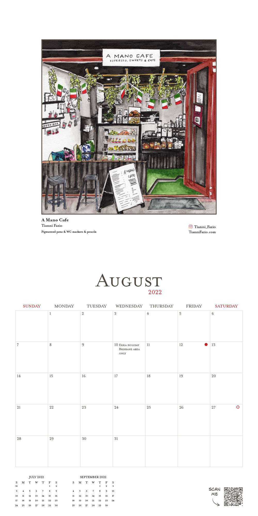 August 2022 calendar page showcasing an illustration of 'A Mano Cafe' by Tianni Fazio. The detailed drawing portrays the interior of a cozy cafe with Italian flags, a counter display, and menu board visible.