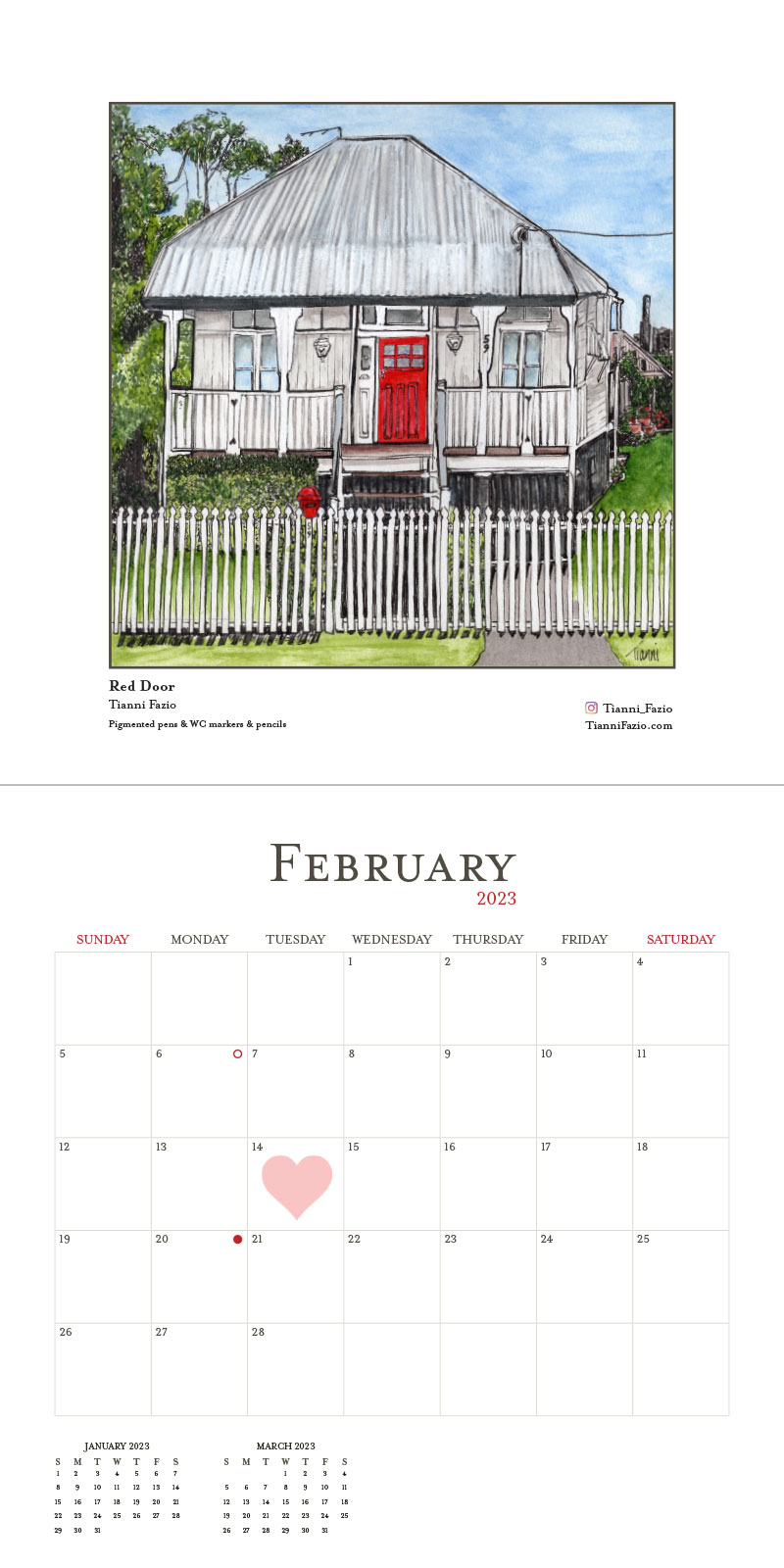 February 2023 calendar page showcasing an illustration titled 'Red Door' by Tianni Fazio. The artwork depicts a classic Queenslander house with a striking red door, white weatherboard exterior, and corrugated iron roof. A white picket fence frames the front of the property, emphasizing its quaint charm.