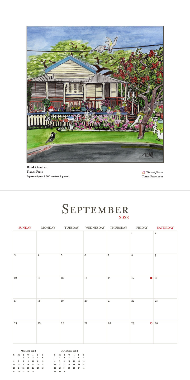 September 2023 calendar page featuring an illustration called 'Bird Garden' by Tianni Fazio. The image shows a Queenslander-style house with a vibrant garden full of colorful flowers. A magpie is visible in the foreground, and the scene includes various birds and a small dog, highlighting the lively nature of the garden.
