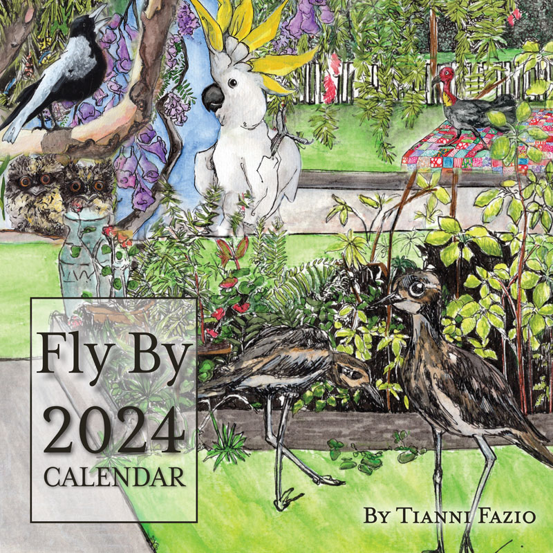 Cover of 2024 calendar titled 'Fly By' by Tianni Fazio. The illustration features various Australian birds and wildlife in a colorful garden setting, including a cockatoo, magpies, and curlews.