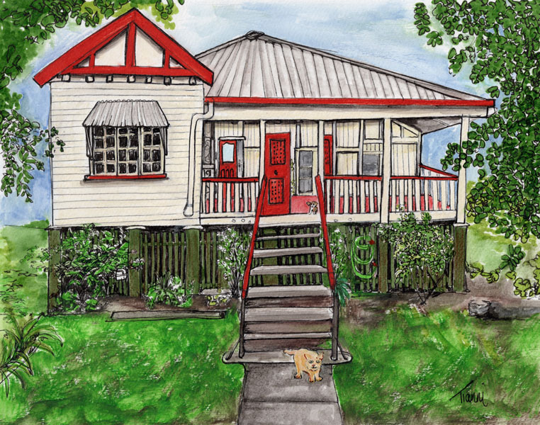 Hand-drawn illustration of a charming Queenslander-style house with white weatherboard siding and red trim. The house features a wide front porch with stairs, surrounded by lush greenery and a small dog on the pathway. The detailed artwork captures the home's unique character and its garden setting.